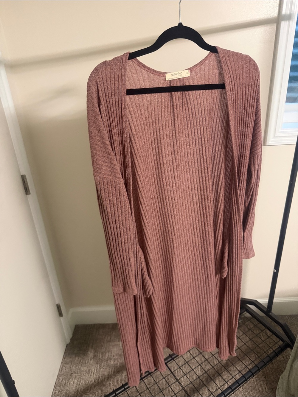 Rokoko Ribbed Open-Front Long Cardigan - Dusty Rose